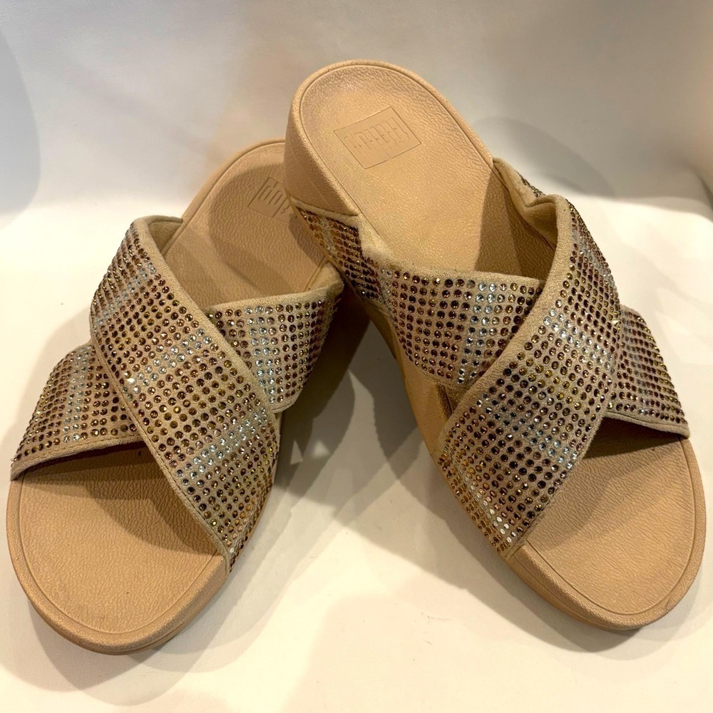 FITFLOP Sz 7 Strobe Crisscross Slide Confort Sandals with Rhinestone Encrusted